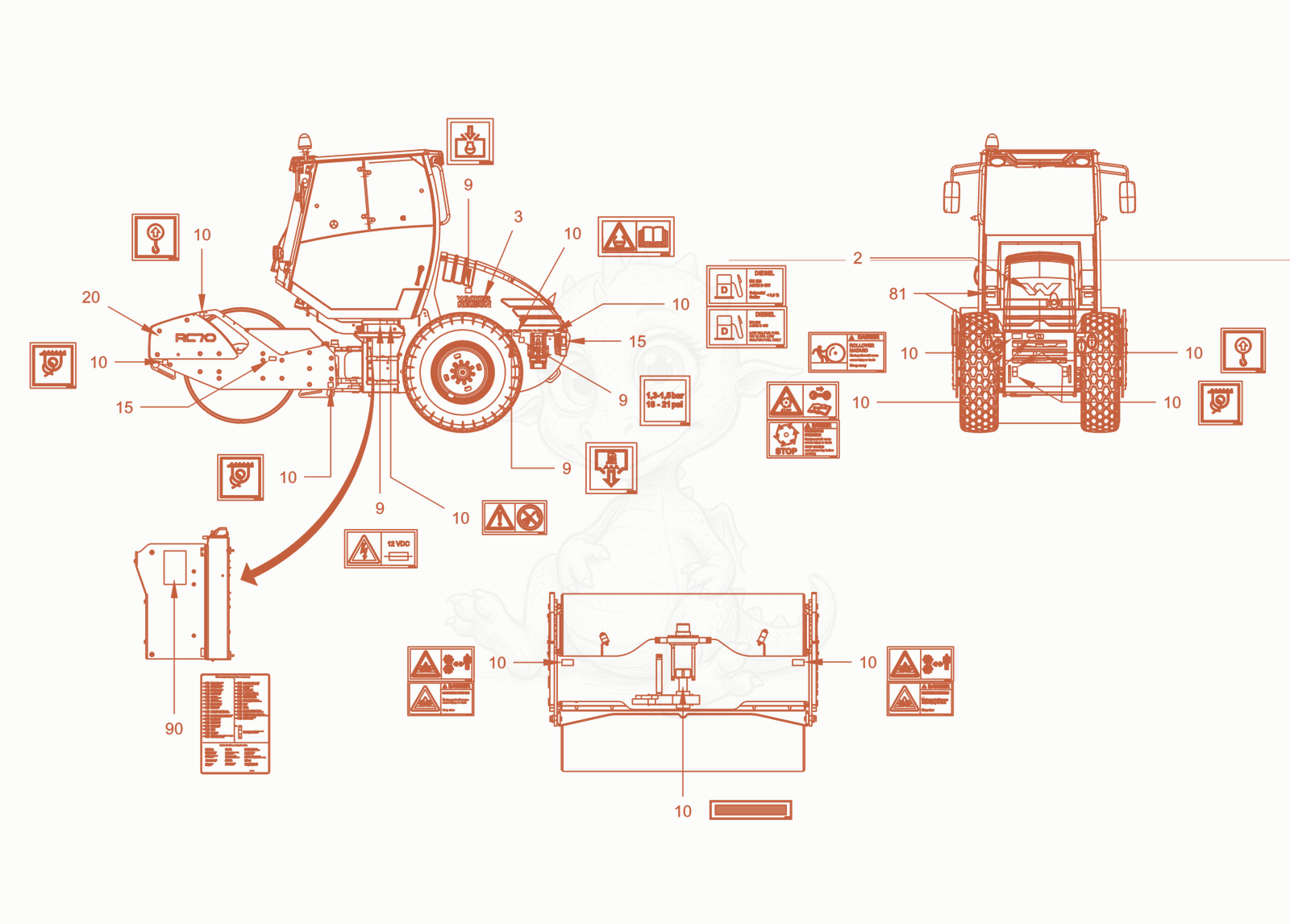 Exploded parts diagram of the sticker arrangement of a Wacker Neuson RC50DPFCAB, with numbered balloons