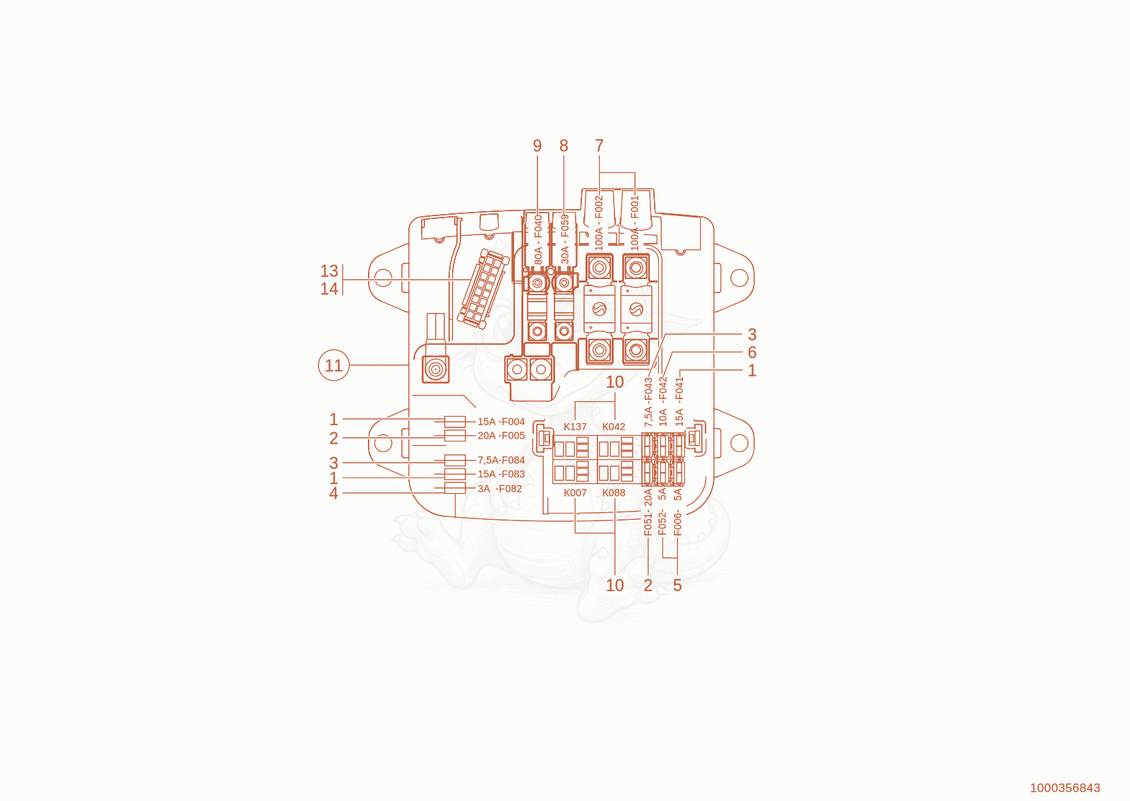 Exploded parts diagram of the Fuse box, relays of a Wacker Neuson TH627(418-02), with numbered balloons