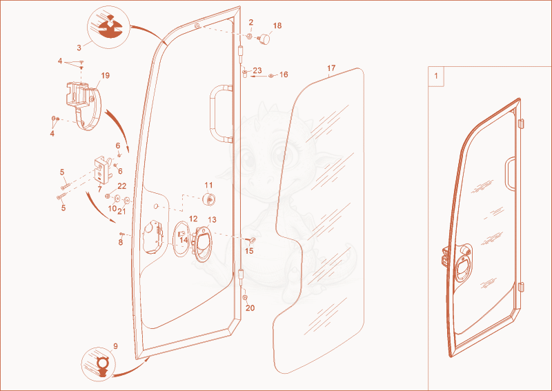 Exploded parts diagram of the door of a Wacker Neuson 1404, with numbered balloons