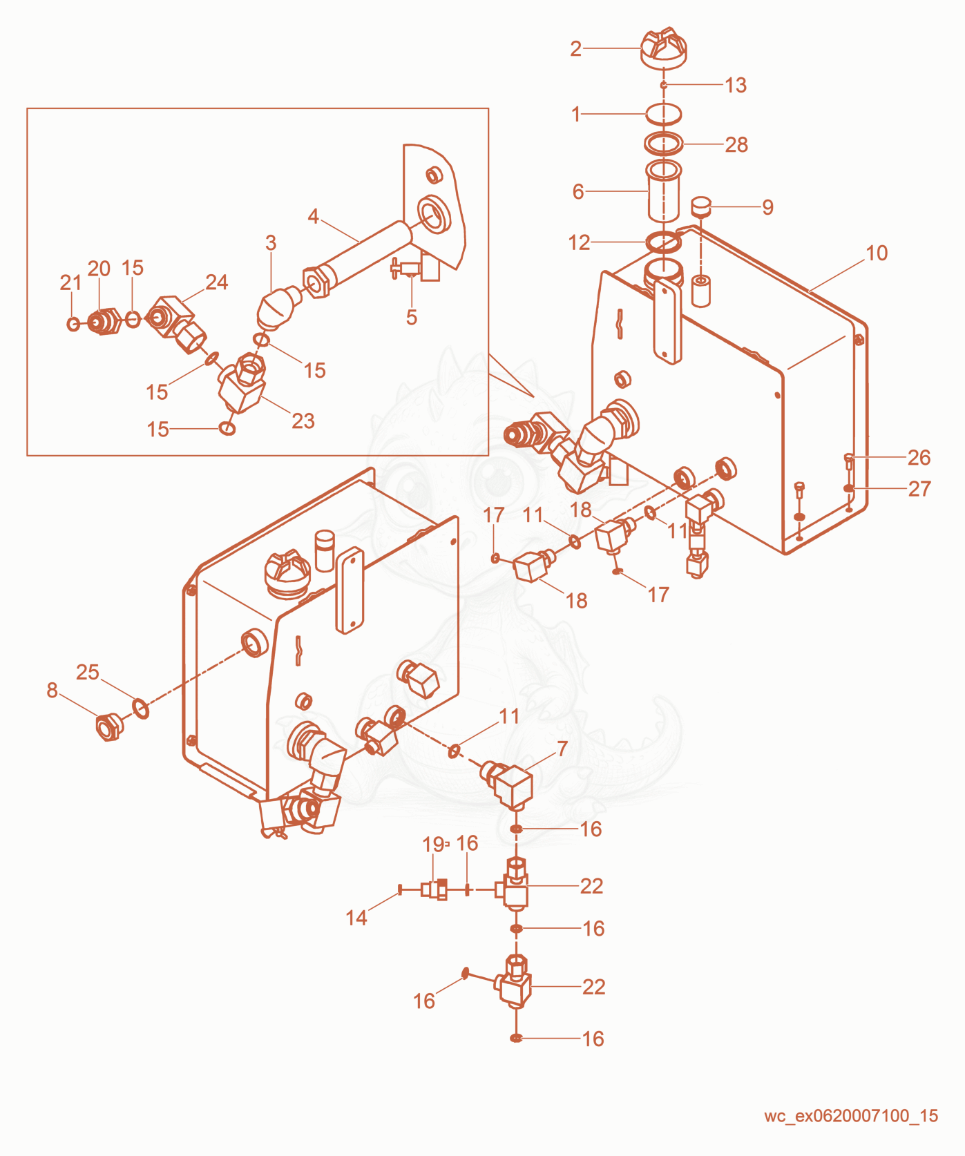Exploded parts diagram of the Hydraulic Tank of a Wacker Neuson RD27-120, with numbered balloons