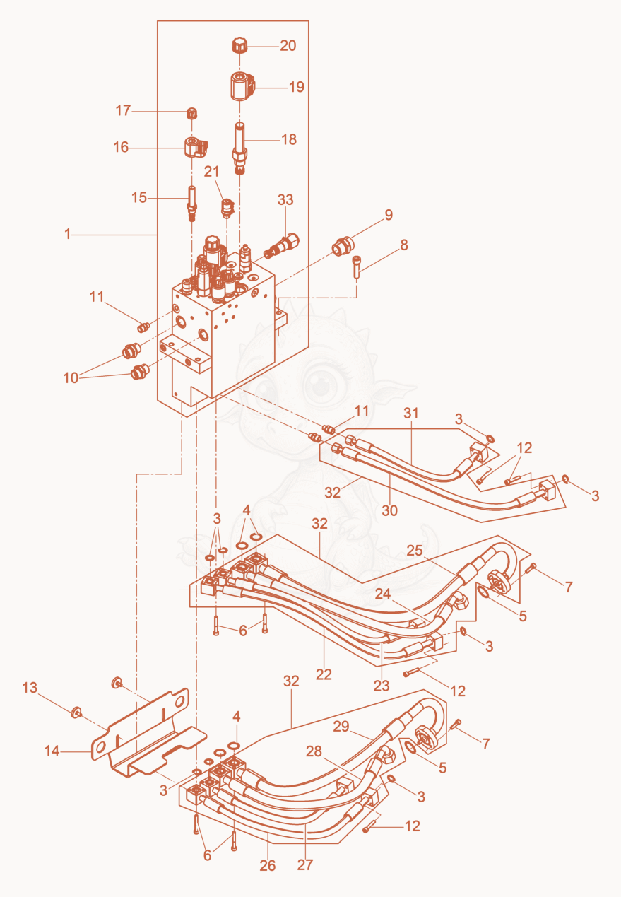 Exploded parts diagram of the Block-Hydraulic of a Wacker Neuson DPU130LE, with numbered balloons
