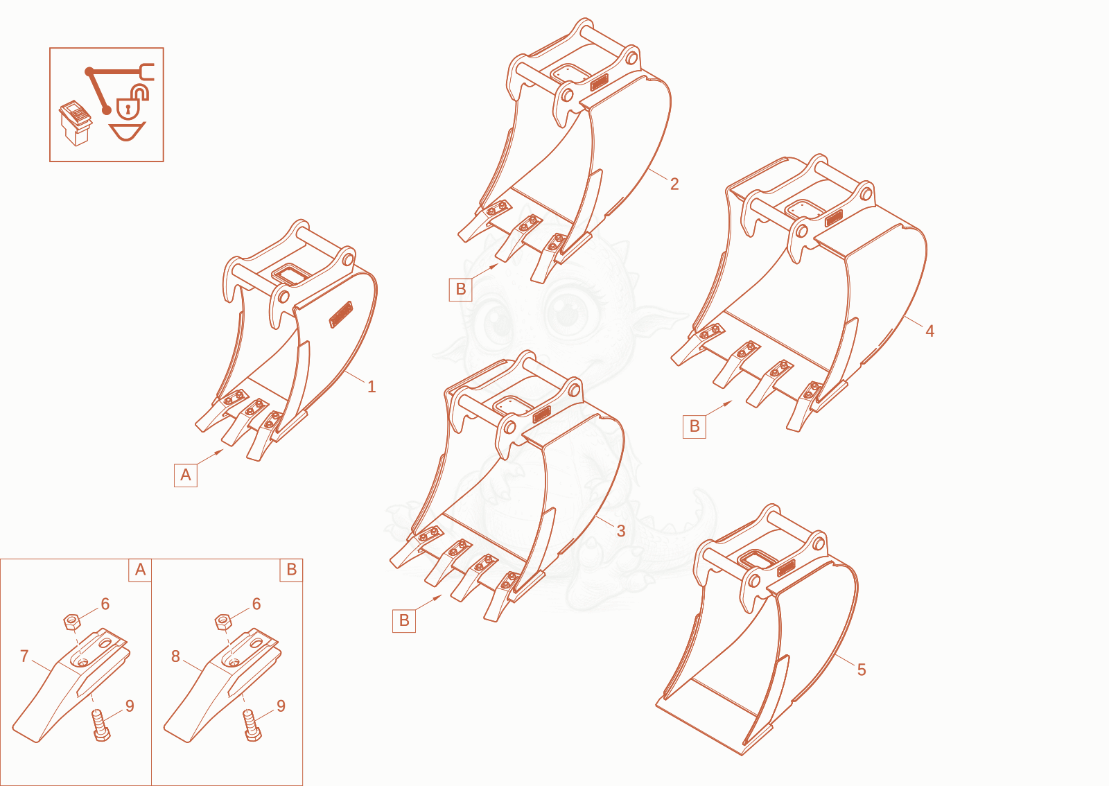 Exploded parts diagram of the bucket QHS Easy Lock (option) of a Wacker Neuson EZ26E, with numbered balloons