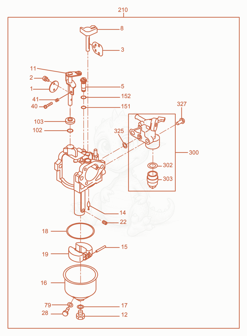 Despiece del Carburetor de una máquina Wacker Neuson BPU3050, con globos numerados