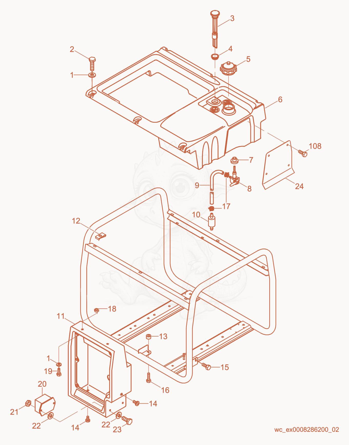 Exploded parts diagram of the Fuel Tank/Control Box of a Wacker Neuson GPS9700, with numbered balloons