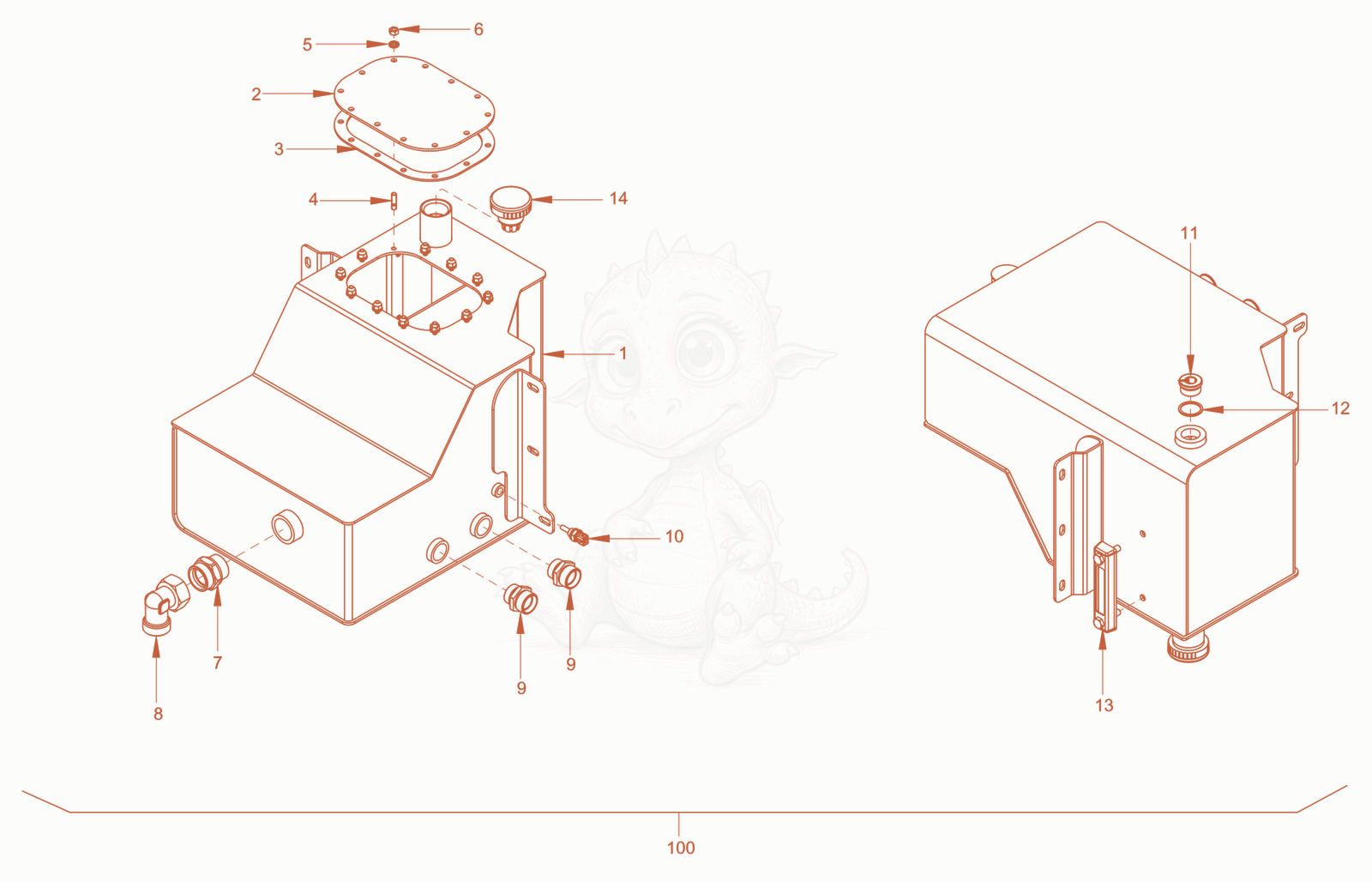 Exploded parts diagram of the hydraulic oil tank of a Wacker Neuson RC50DPFCAB, with numbered balloons