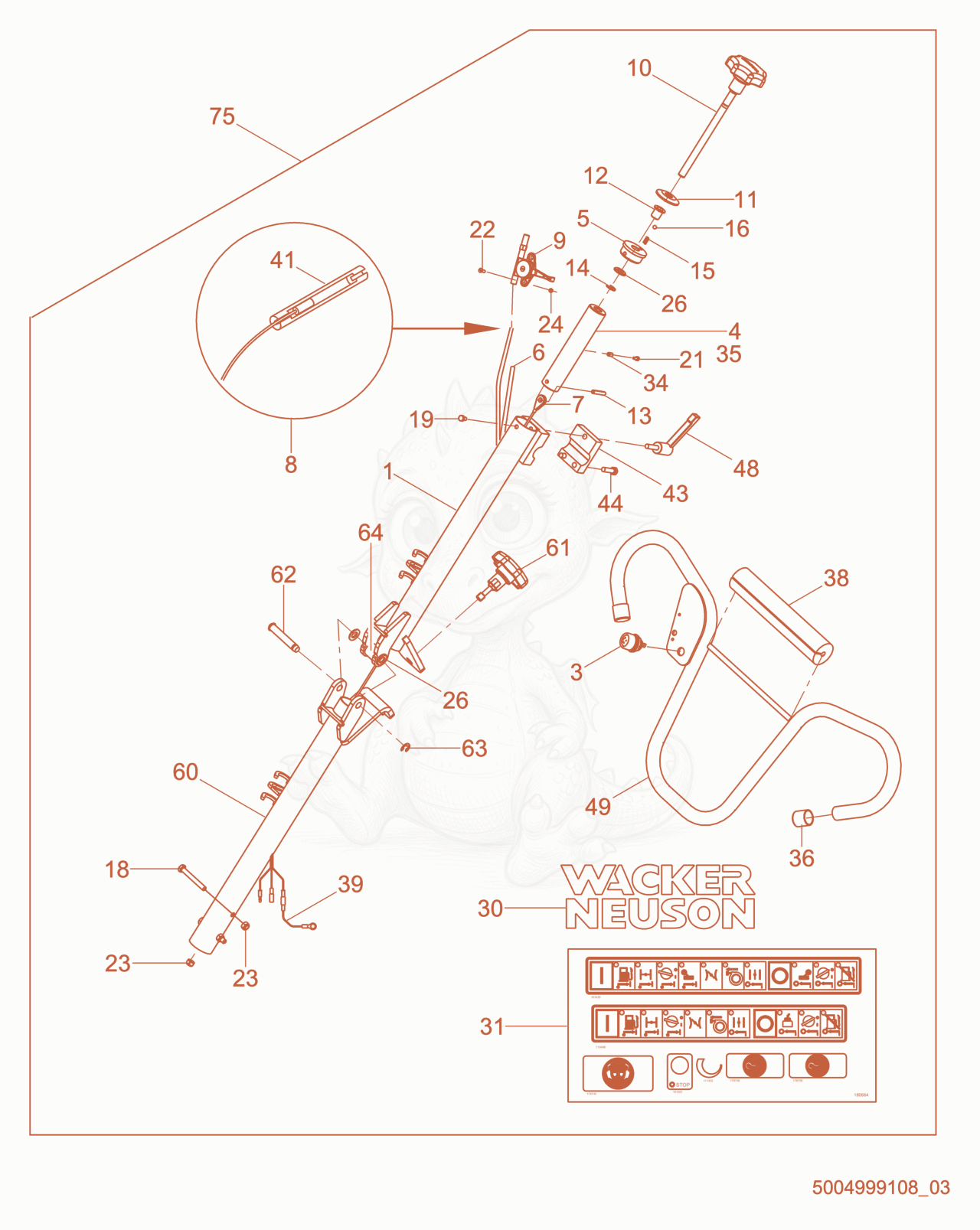 Despiece del Folding Adjustable Twist Pitch Trowel Handle-EU de una máquina Wacker Neuson CT36-5AEU, con globos numerados