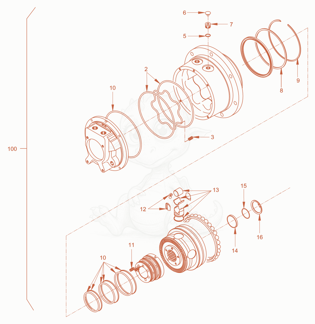 Exploded parts diagram of the gear hub motor of a Wacker Neuson RD45-140OUS, with numbered balloons