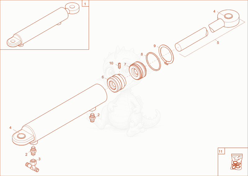 Exploded parts diagram of the boom offset cylinder of a Wacker Neuson 2001, with numbered balloons