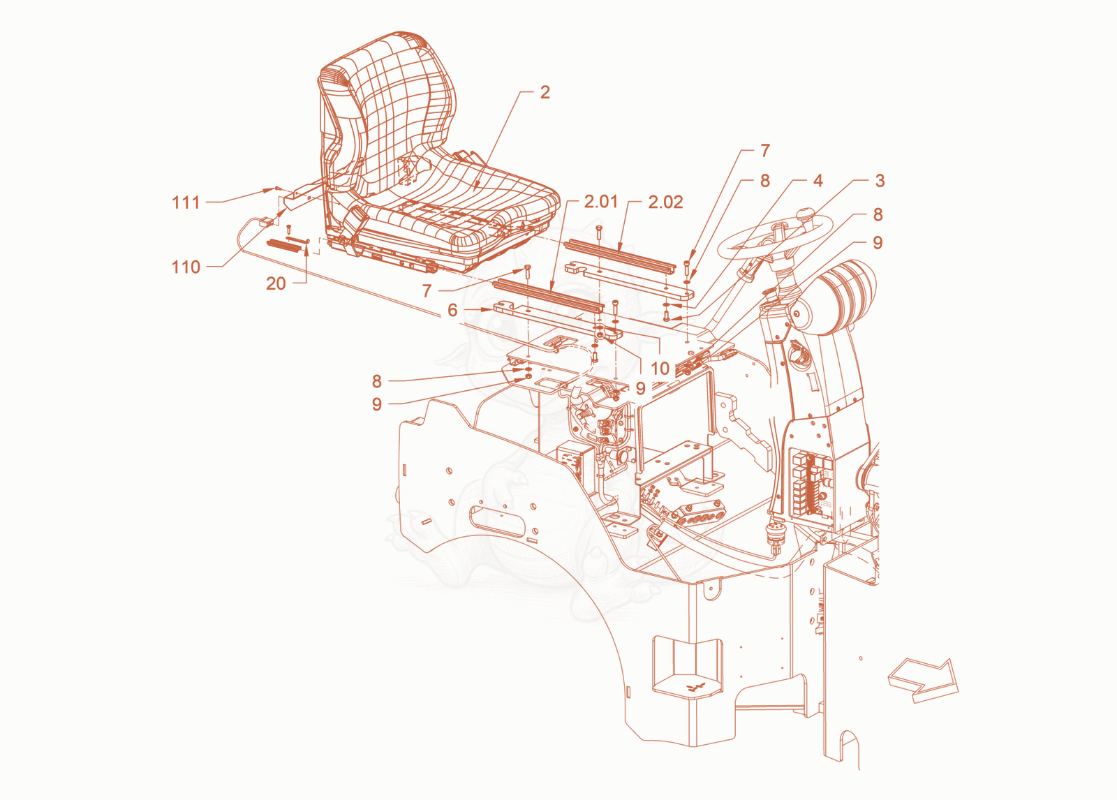 Exploded parts diagram of the Operator's seat withadjustment of a Wacker Neuson RD45-140, with numbered balloons