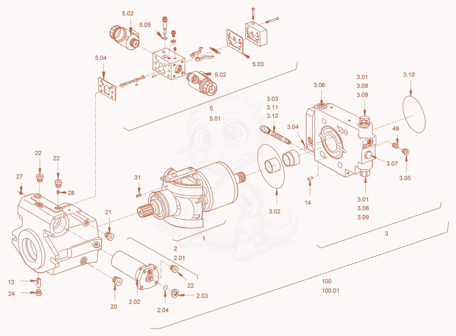 Exploded parts diagram of the variable displac. pump (vibr.) of a Wacker Neuson RC110, with numbered balloons