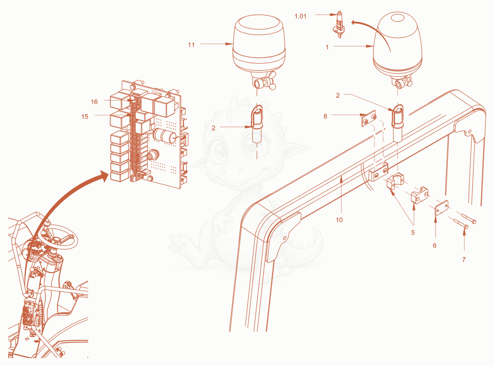 Exploded parts diagram of the rotary beacon of a Wacker Neuson RD28-120DPF, with numbered balloons