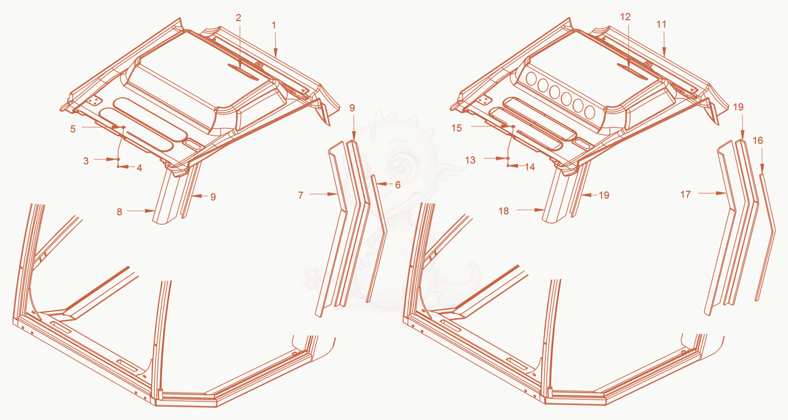 Exploded parts diagram of the driver's cabin of a Wacker Neuson RC110P, with numbered balloons