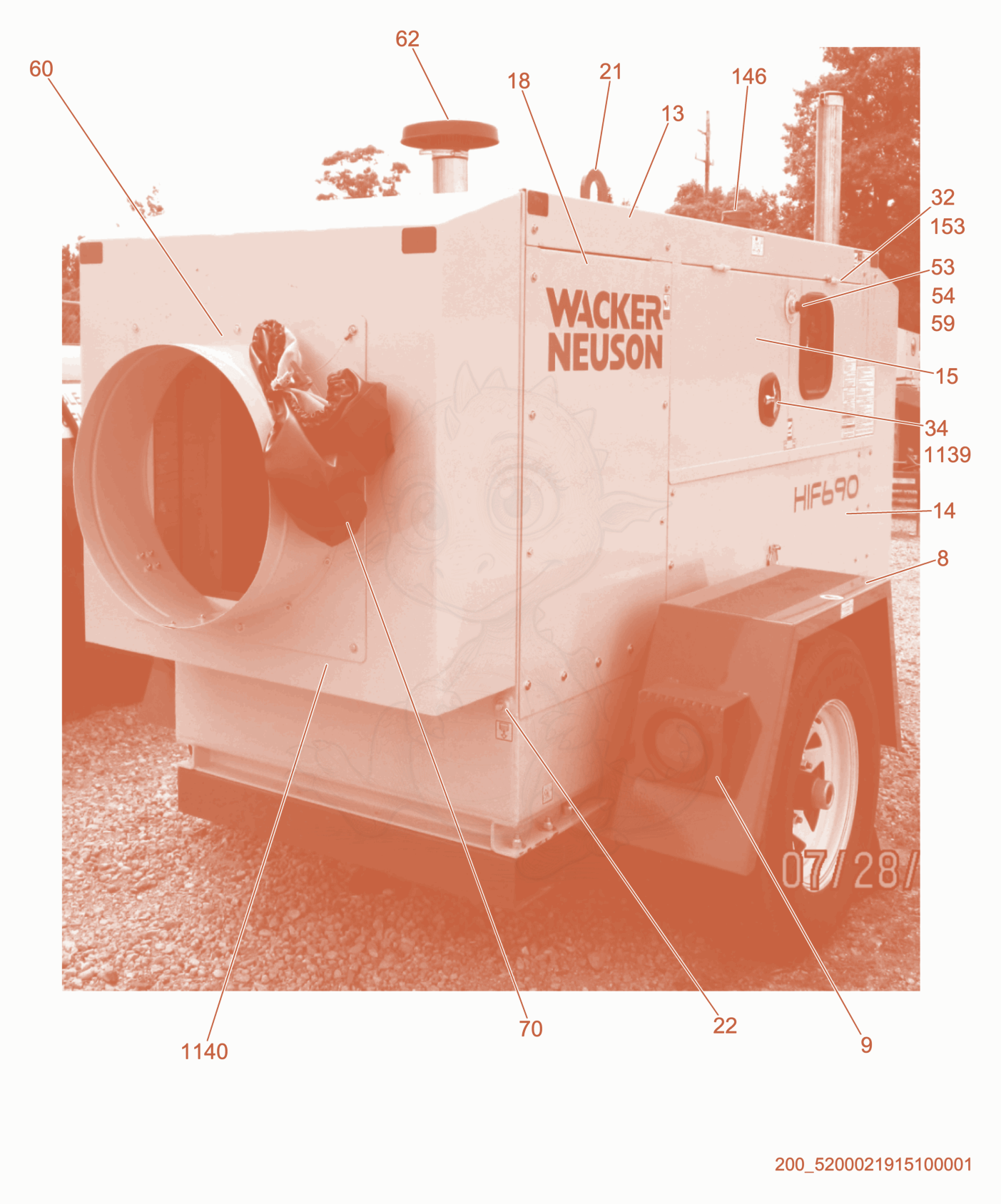Despiece del Trailer cpl. (1) de una máquina Wacker Neuson HIF690, con globos numerados
