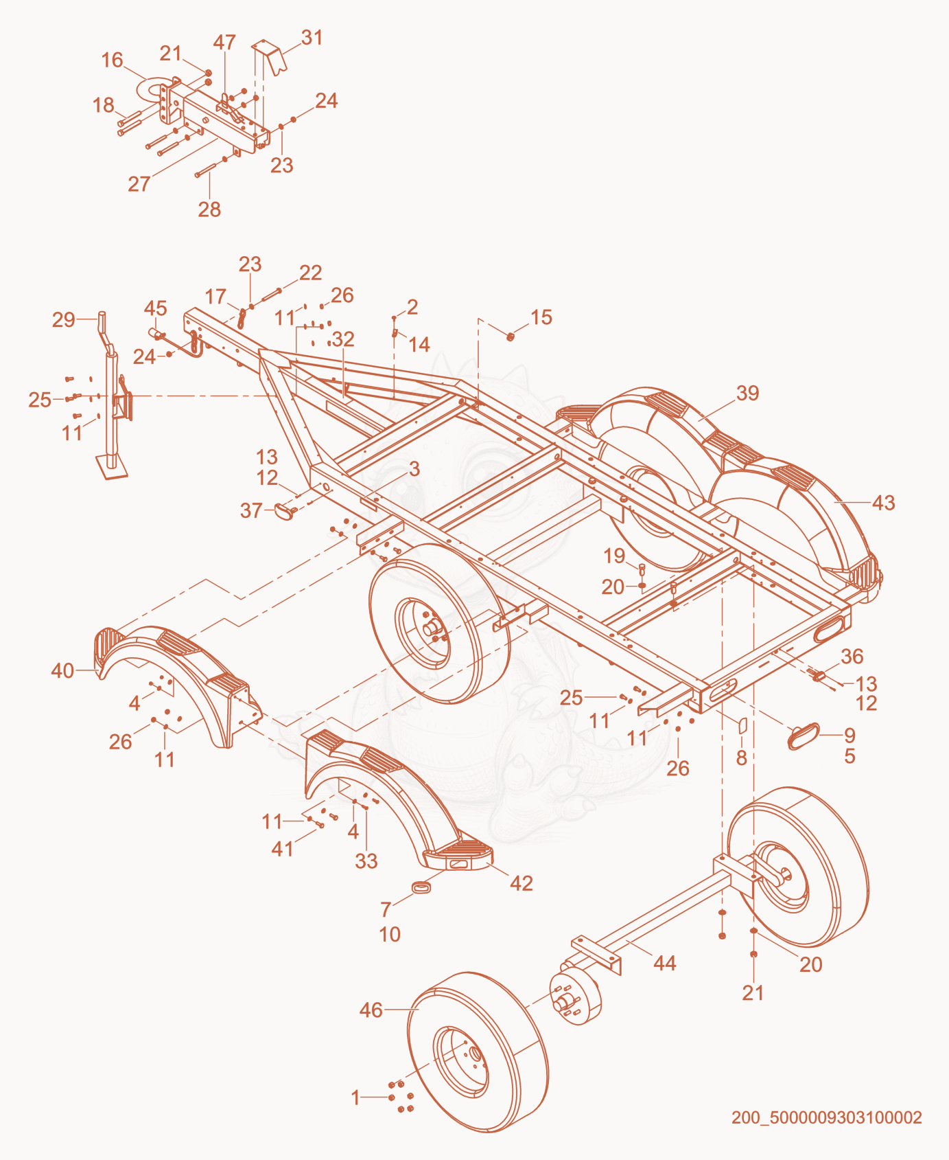 Exploded parts diagram of the Trailer Frame w/Surge Brake Tandem Axle of a Wacker Neuson G25, with numbered balloons