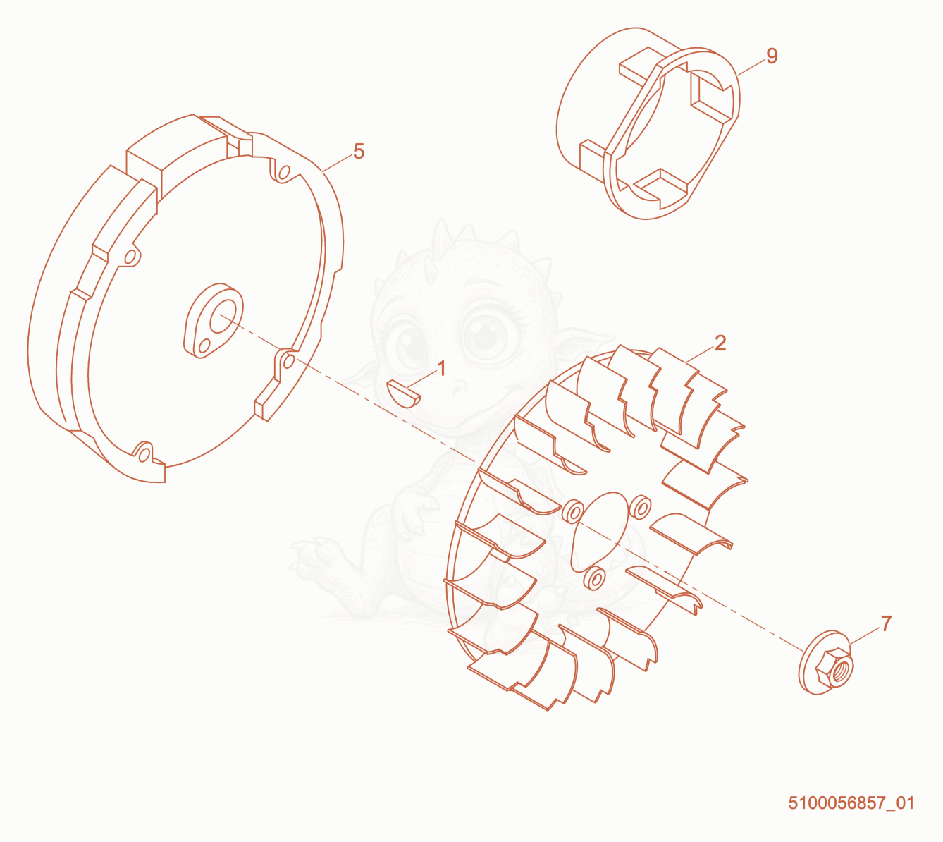 Exploded parts diagram of the Flywheel cpl. of a Wacker Neuson PDT3A, with numbered balloons