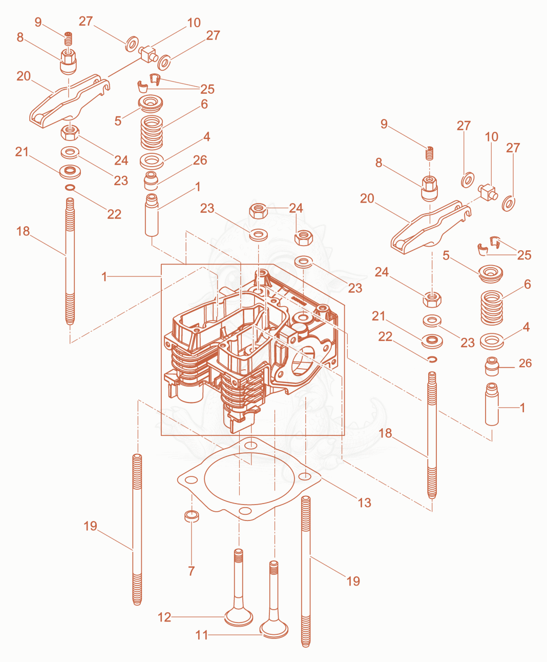 Exploded parts diagram of the Cylinder head of a Wacker Neuson XPUKMAT, with numbered balloons