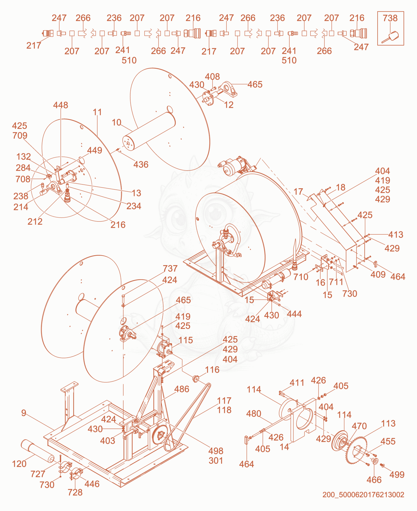 Exploded parts diagram of the Hose Reel cpl. of a Wacker Neuson E2200, with numbered balloons