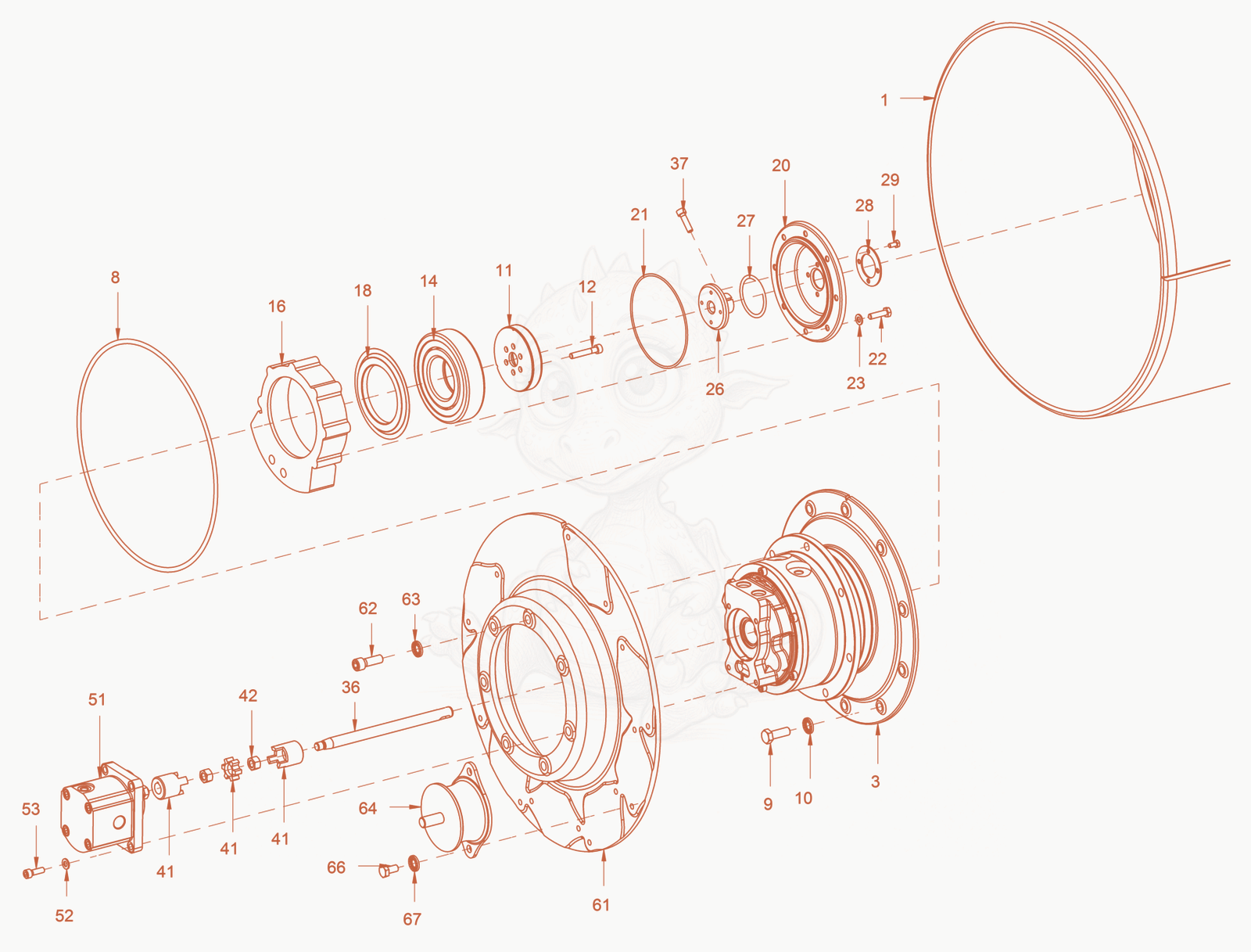 Exploded parts diagram of the roller drum with vibrator of a Wacker Neuson RD18-100, with numbered balloons