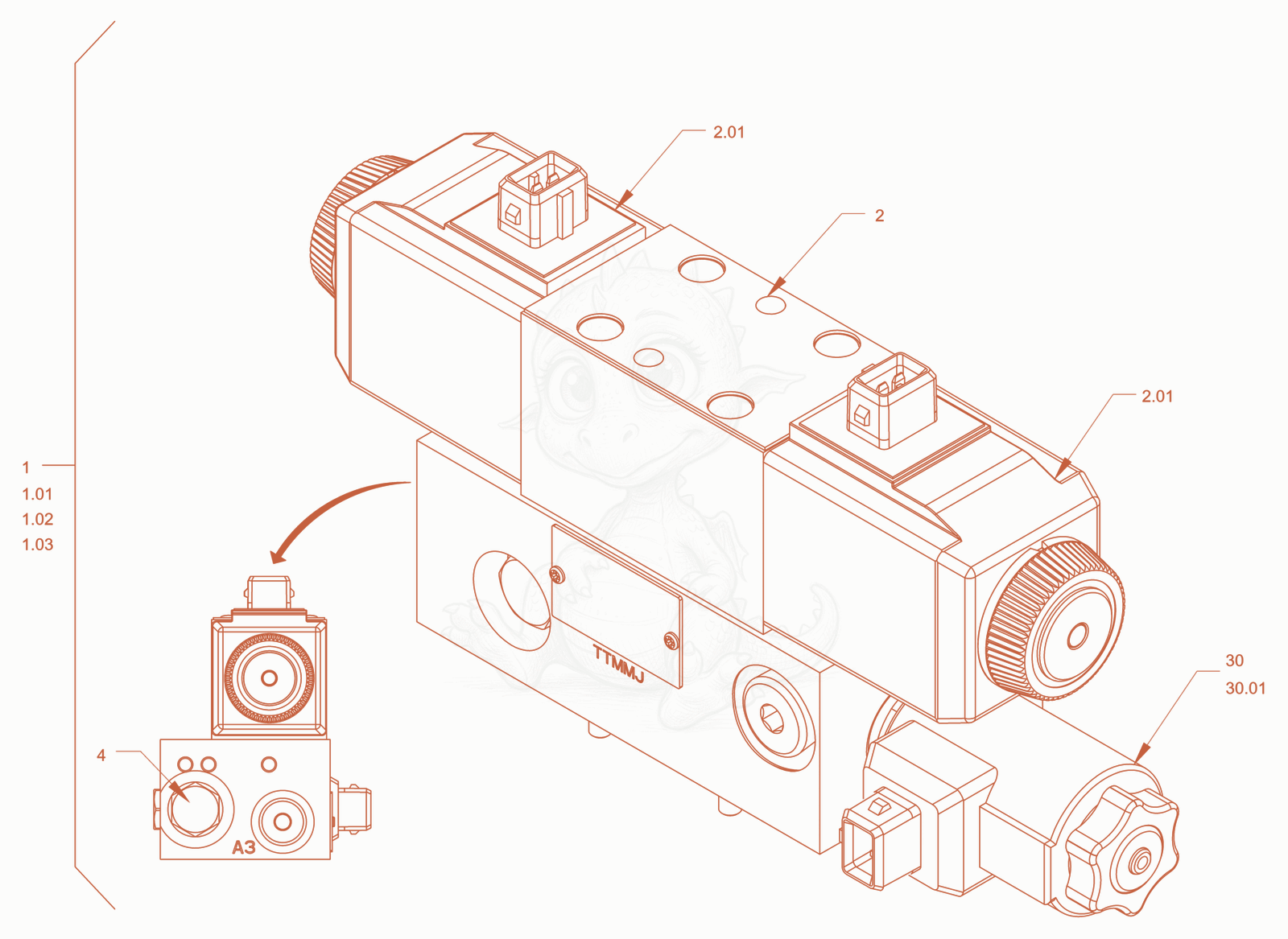 Exploded parts diagram of the valve block of a Wacker Neuson RD45-140, with numbered balloons