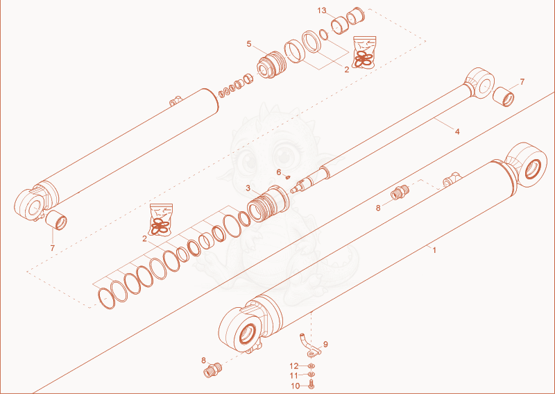 Exploded parts diagram of the dipper arm cylinder of a Wacker Neuson 50Z3, with numbered balloons