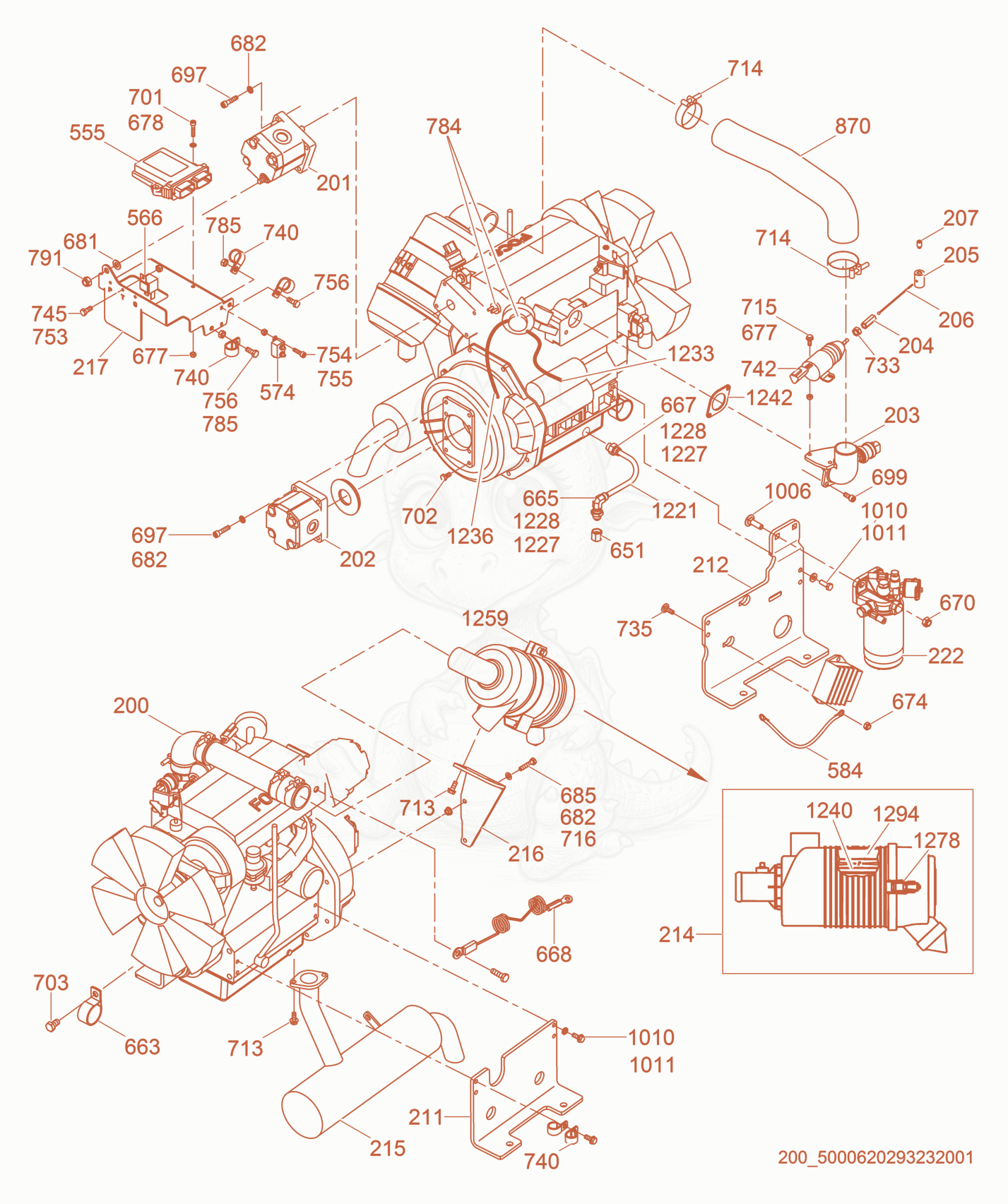 Exploded parts diagram of the Engine Compartment of a Wacker Neuson RT56-SC2, with numbered balloons