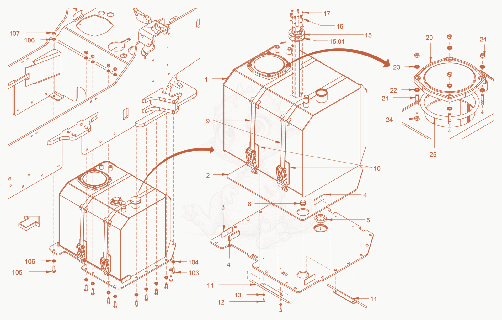 Exploded parts diagram of the fuel system of a Wacker Neuson RC110, with numbered balloons
