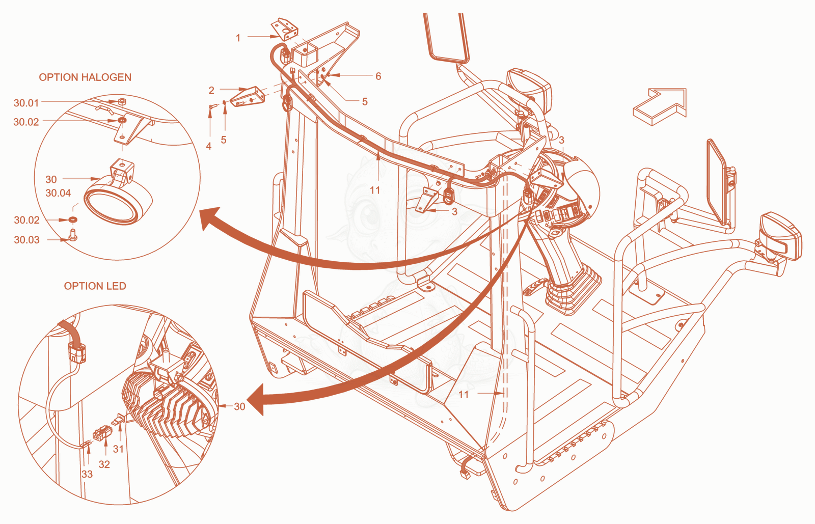 Exploded parts diagram of the additional lighting of a Wacker Neuson RC110PUSROPS, with numbered balloons