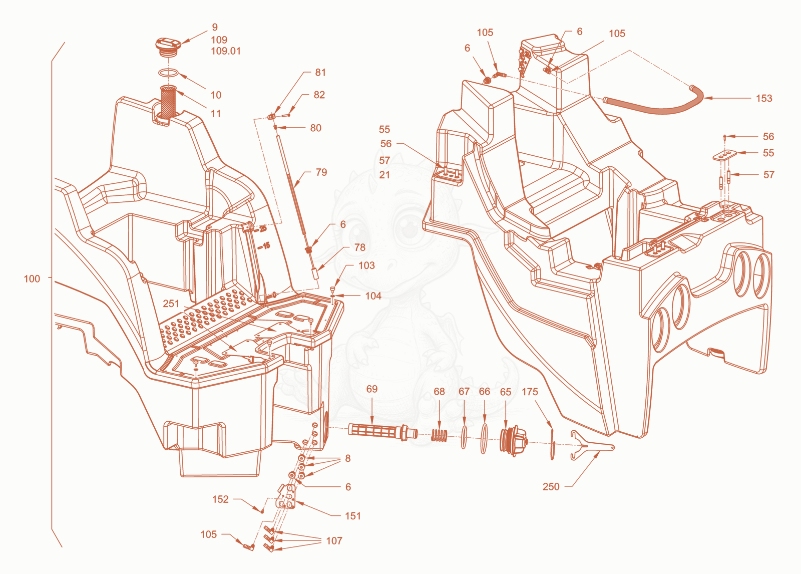 Exploded parts diagram of the sprinkling of a Wacker Neuson RD24-100OUS, with numbered balloons
