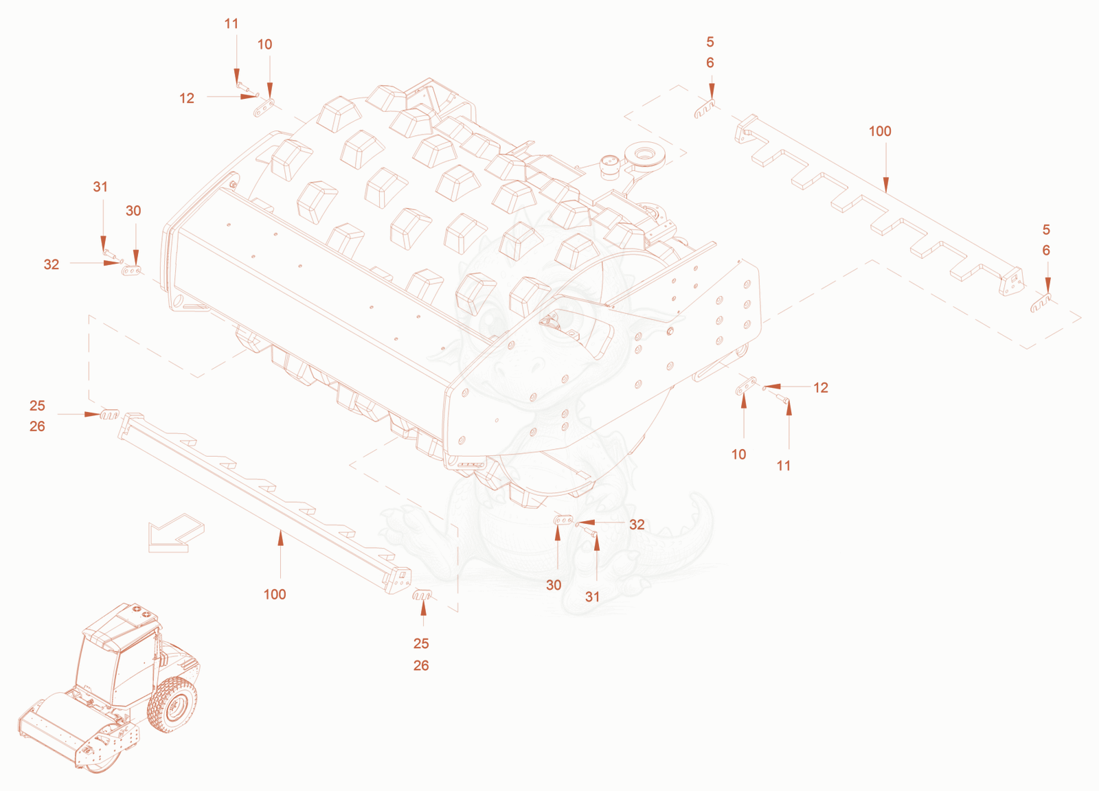 Exploded parts diagram of the scraper padfoot drum of a Wacker Neuson RC70P, with numbered balloons