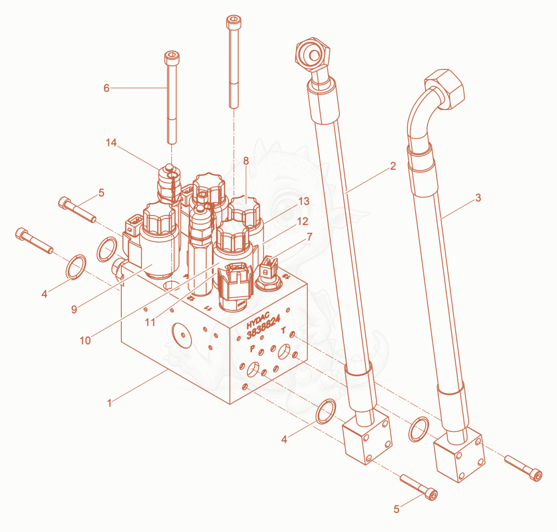 Despiece del Block-Hydraulic cpl. DPU80r/90r/110r de una máquina Wacker Neuson DPU80/110KMAT, con globos numerados