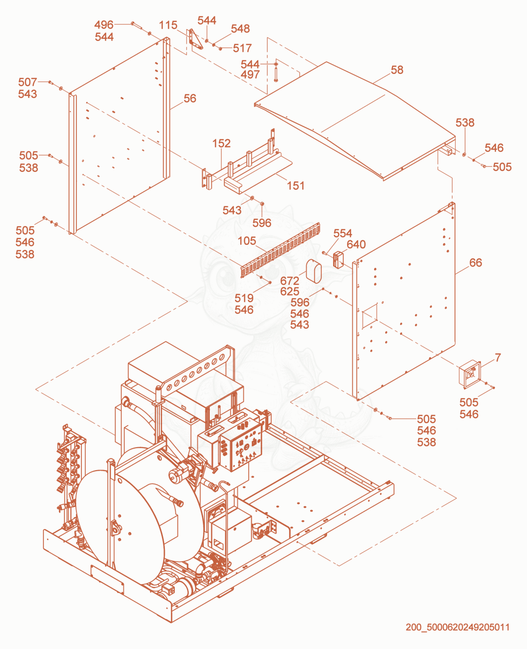 Exploded parts diagram of the Rear Enclosure cpl. of a Wacker Neuson HP252, with numbered balloons