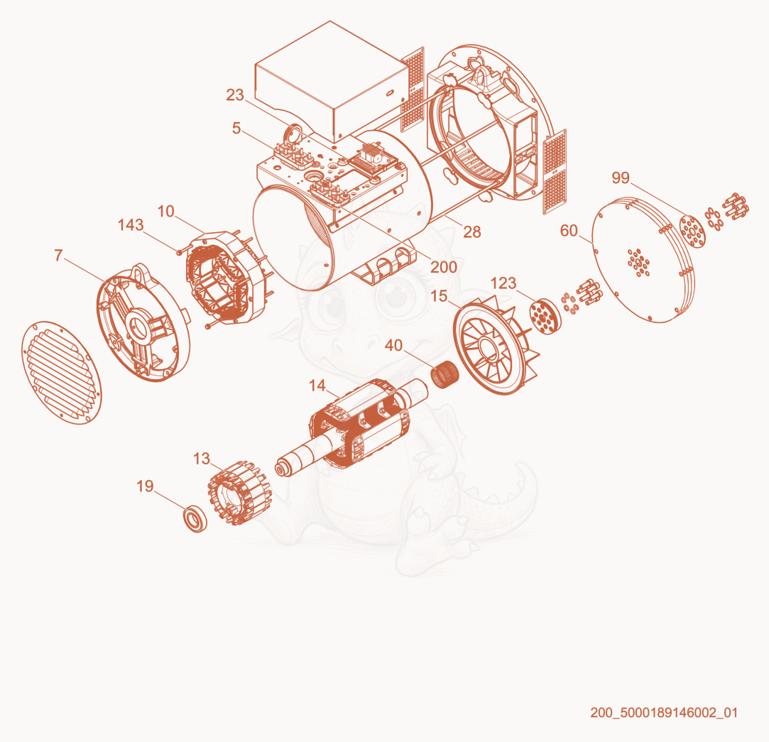 Exploded parts diagram of the Generator cpl. of a Wacker Neuson LTW20Z3-V, with numbered balloons