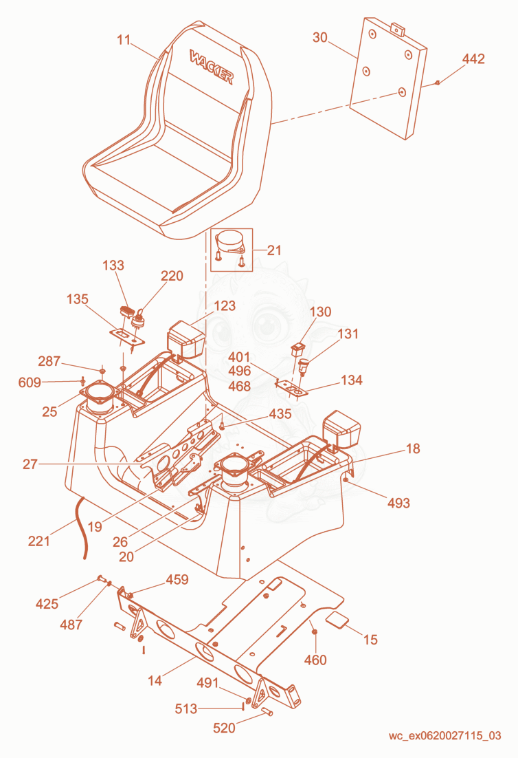 Exploded parts diagram of the Seat Assembly of a Wacker Neuson CRT36-23K-H, with numbered balloons