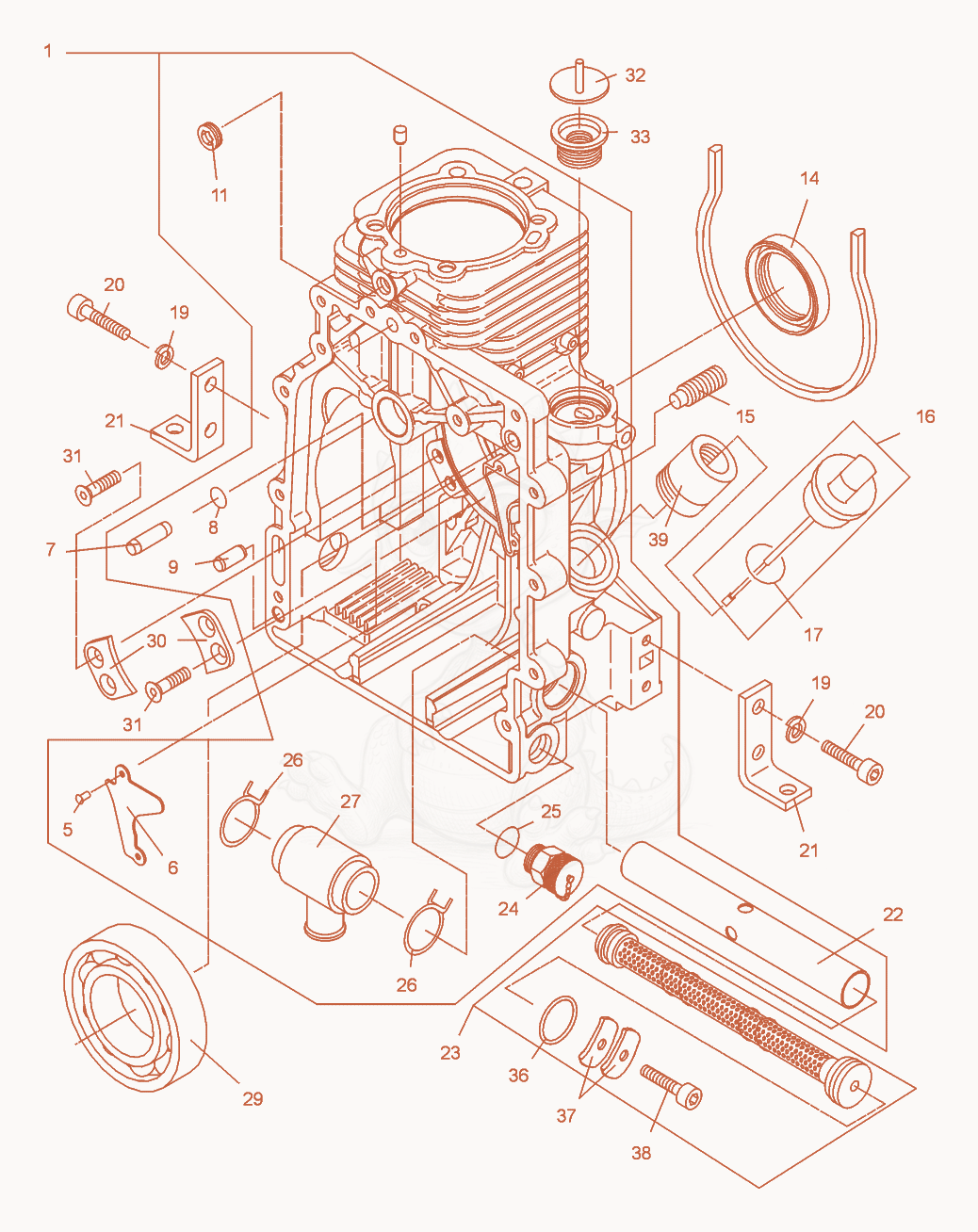 Exploded parts diagram of the Crankcase of a Wacker Neuson DPU3070H, with numbered balloons