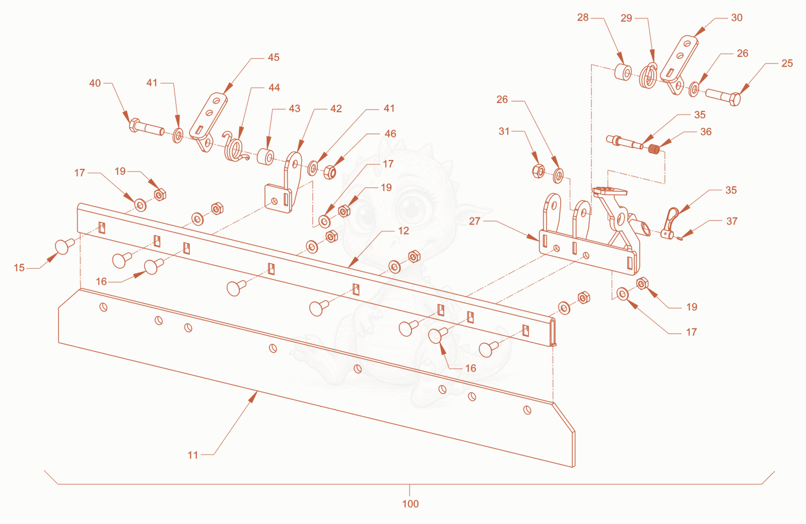 Exploded parts diagram of the foldable scraper of a Wacker Neuson RD18-100C.3, with numbered balloons