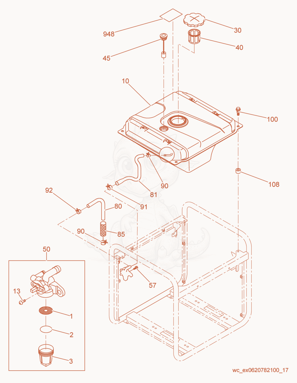 Exploded parts diagram of the Fuel Tank cpl. of a Wacker Neuson GPSI3200, with numbered balloons