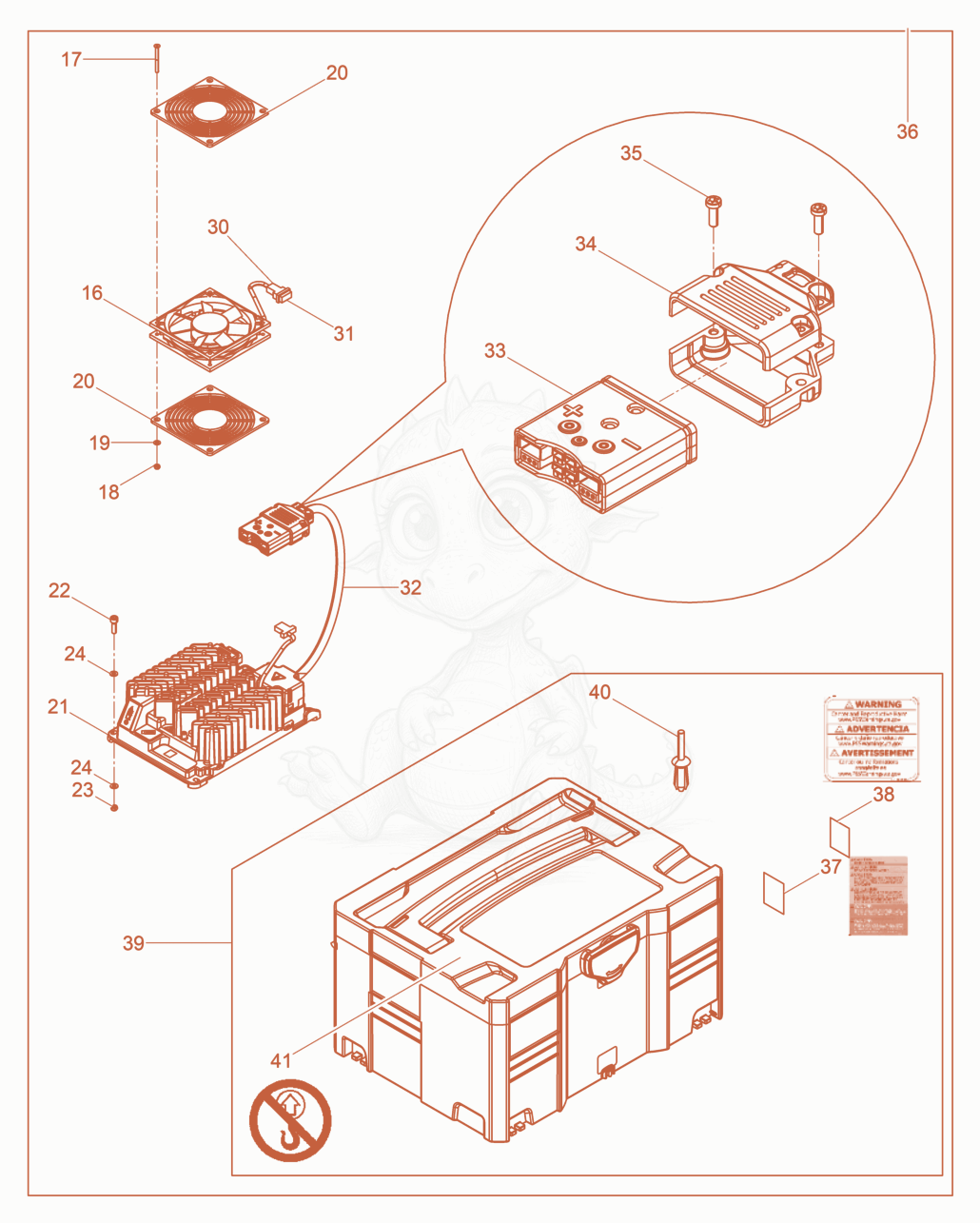 Exploded parts diagram of the Battery charger of a Wacker Neuson ACBEKMAT, with numbered balloons
