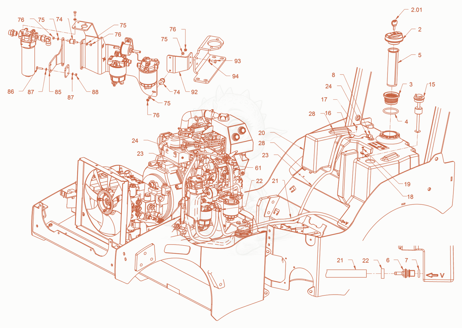Exploded parts diagram of the fuel system of a Wacker Neuson RD18-100C, with numbered balloons