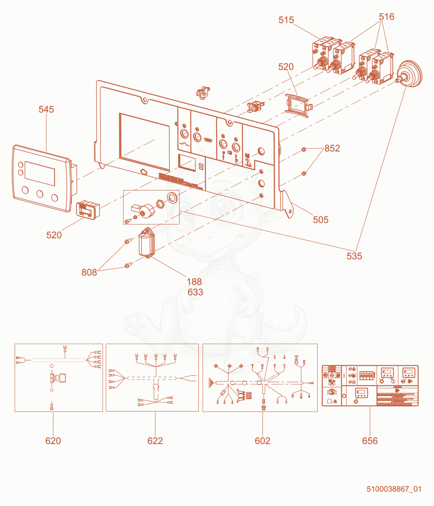 Exploded parts diagram of the Option-Control Panel, Power Winch/Auto Start (LED) of a Wacker Neuson LTV6K, with numbered balloons