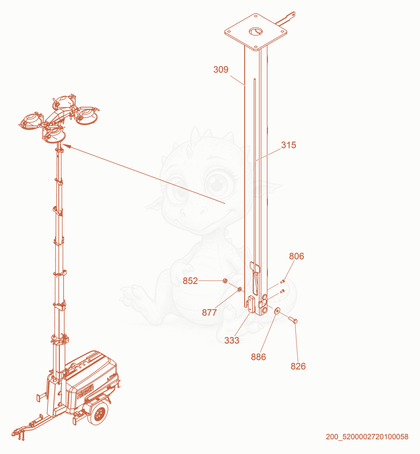 Exploded parts diagram of the Tower section 8 of a Wacker Neuson LTW20Z3-V, with numbered balloons
