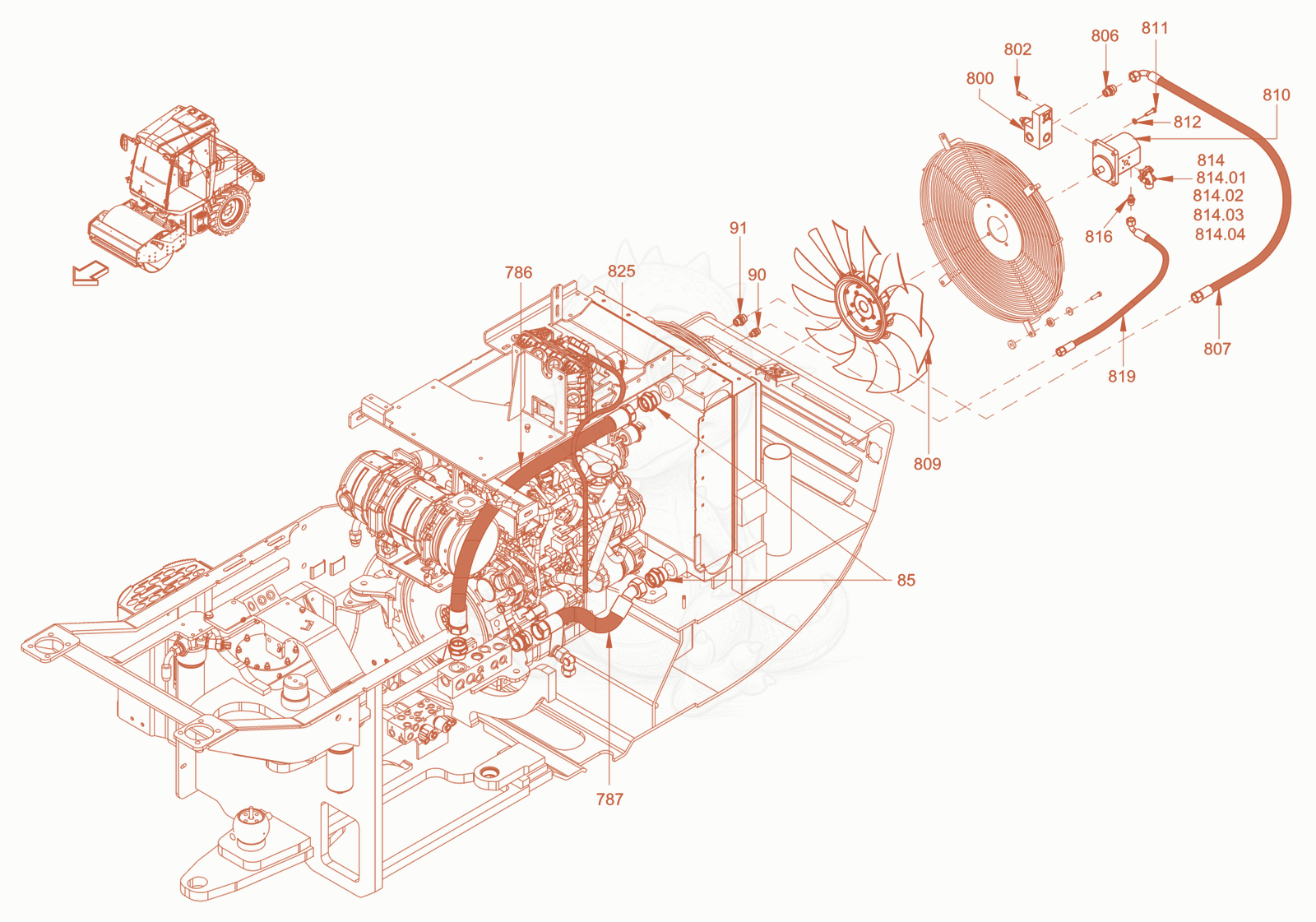 Exploded parts diagram of the cooling (engine/hydraulic oil) of a Wacker Neuson RC70DPFROPS, with numbered balloons