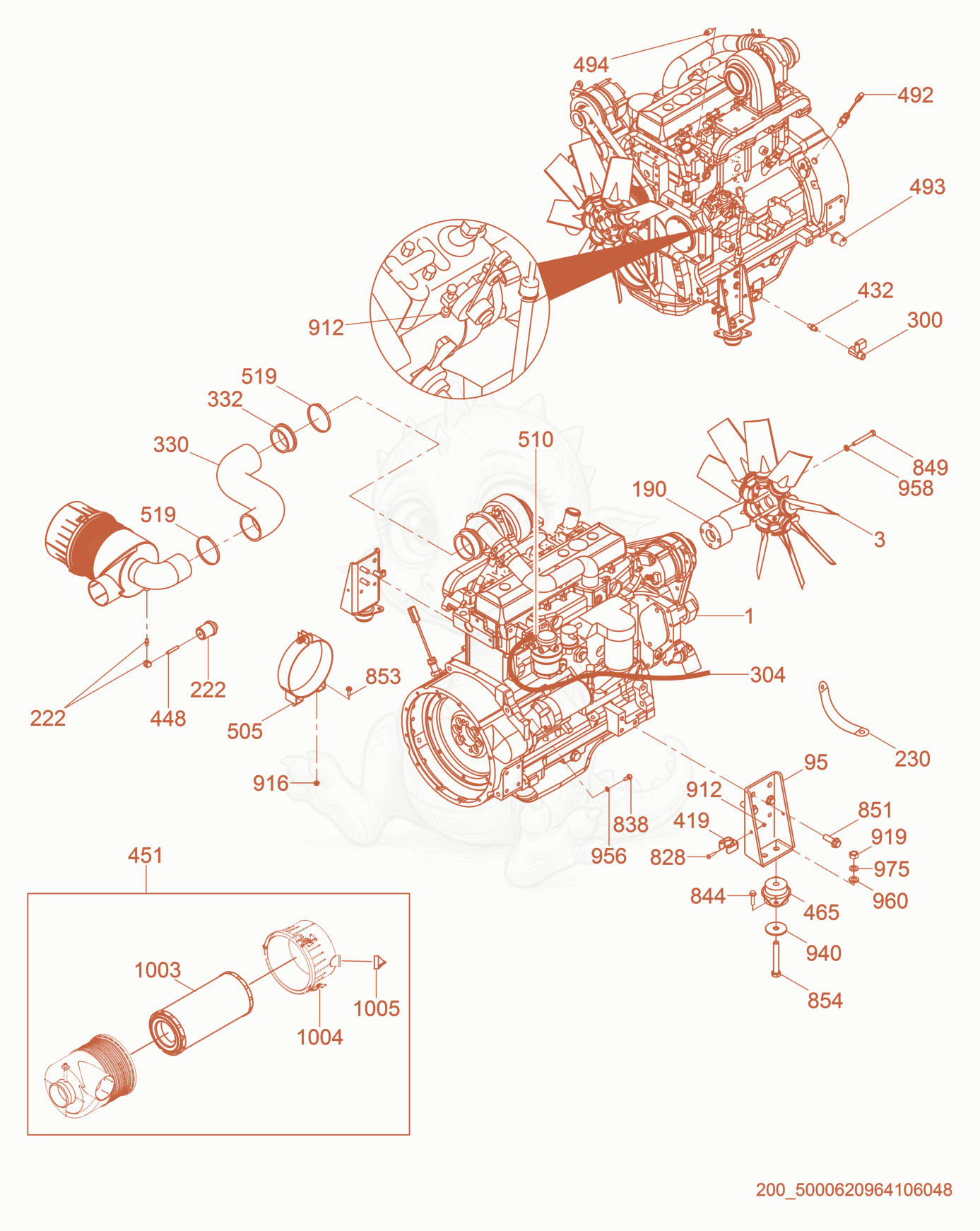 Despiece del Engine cpl. de una máquina Wacker Neuson G50, con globos numerados