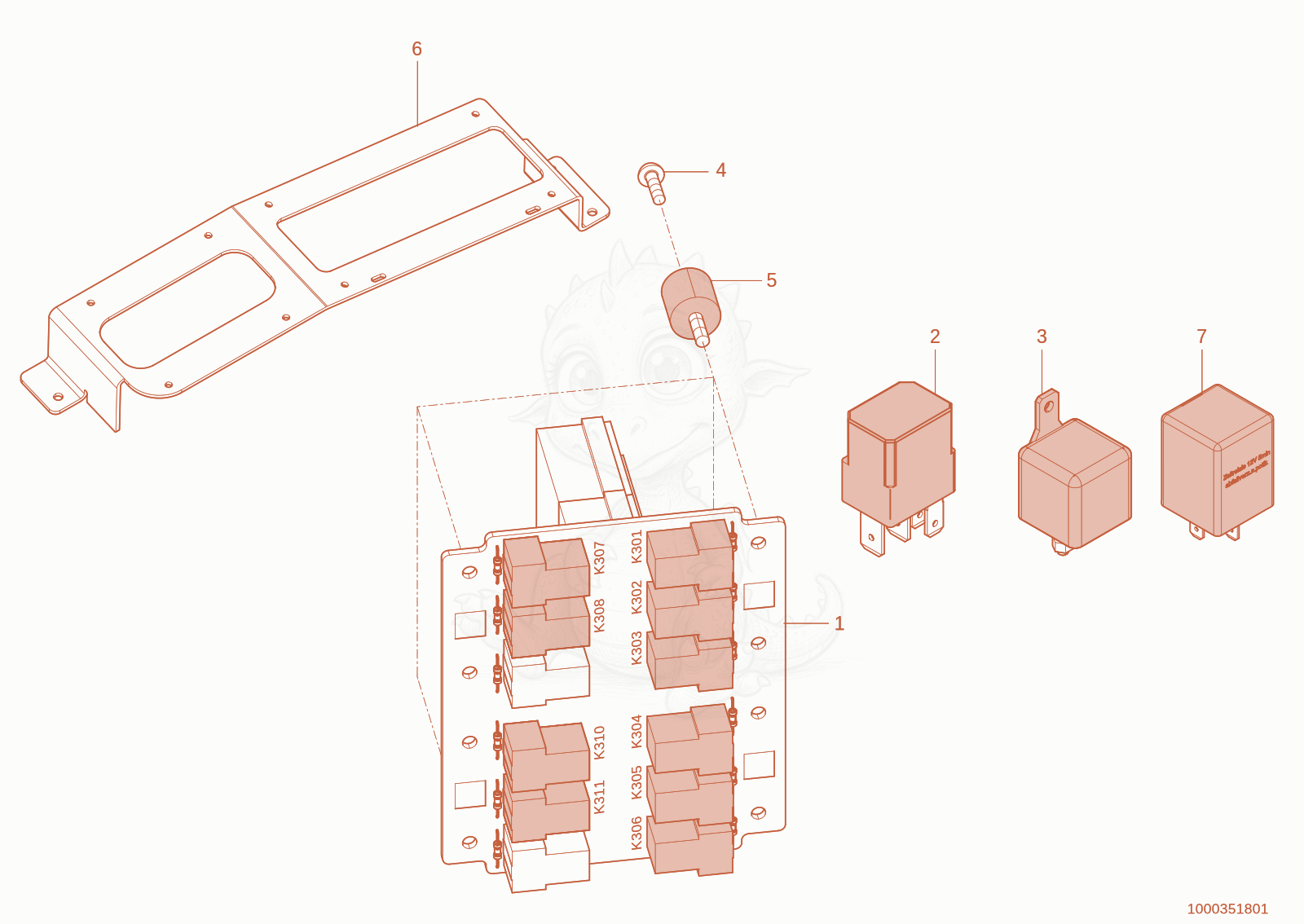 Exploded parts diagram of the Relay board holder of a Wacker Neuson TH627(418-02), with numbered balloons