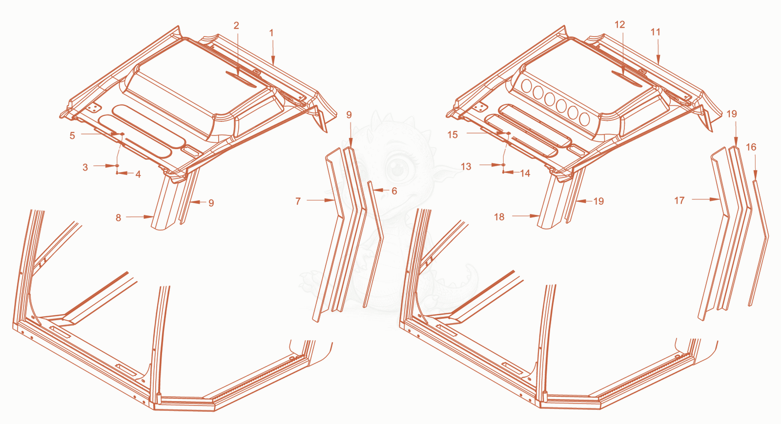 Exploded parts diagram of the driver's cabin of a Wacker Neuson RC110PUSROPS, with numbered balloons