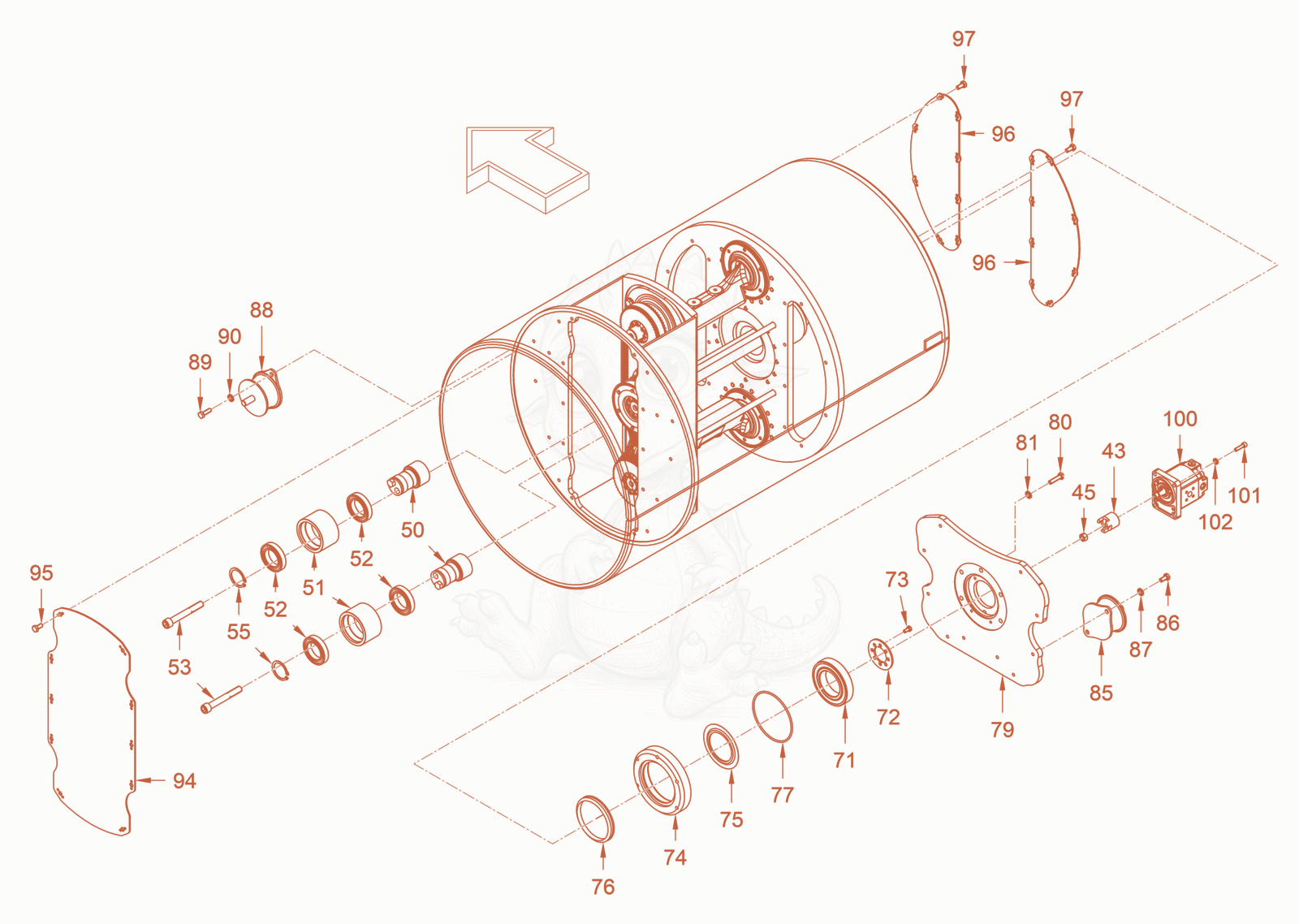 Exploded parts diagram of the roller drum with oscillator of a Wacker Neuson RD24-100ODPF, with numbered balloons