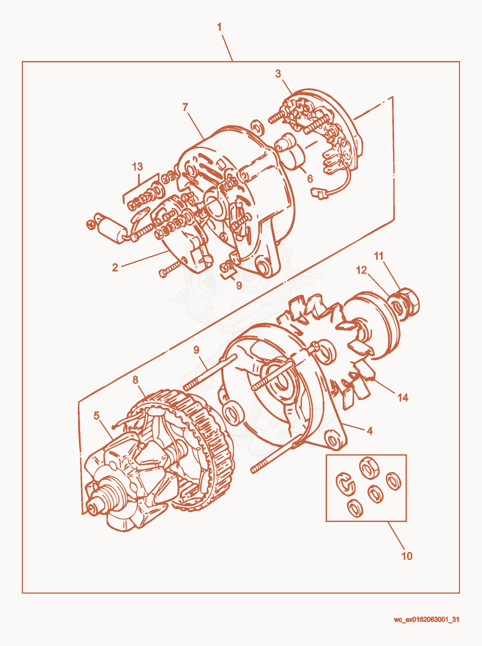 Exploded parts diagram of the Alternator Complete of a Wacker Neuson RD27-120, with numbered balloons