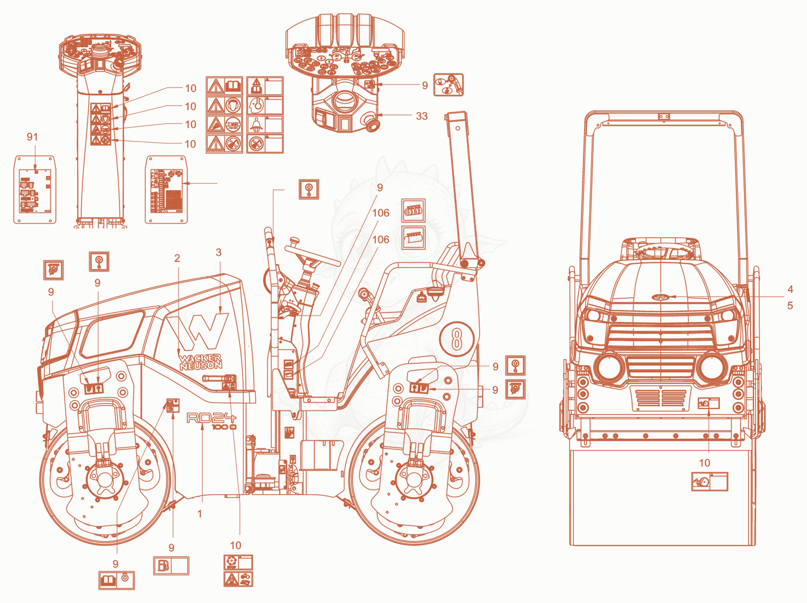 Exploded parts diagram of the sticker arrangement of a Wacker Neuson RD28-120DPF, with numbered balloons