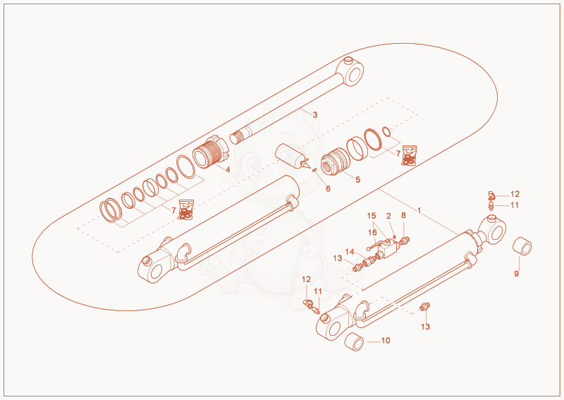 Exploded parts diagram of the bucket cylinder of a Wacker Neuson 2702RDFORCE, with numbered balloons