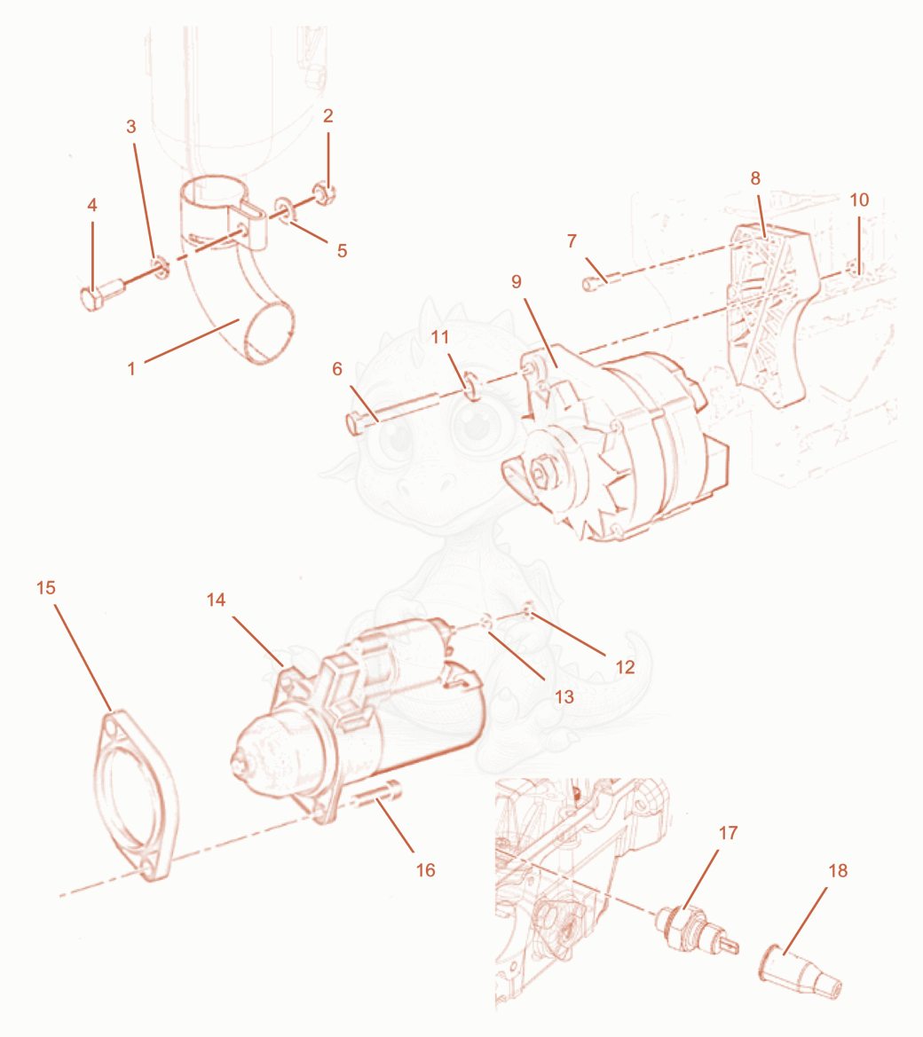 Exploded parts diagram of the ACCESSORIES/ ALTERNATOR/ MOTOR/ SWITCH of a Wacker Neuson PT6LT, with numbered balloons