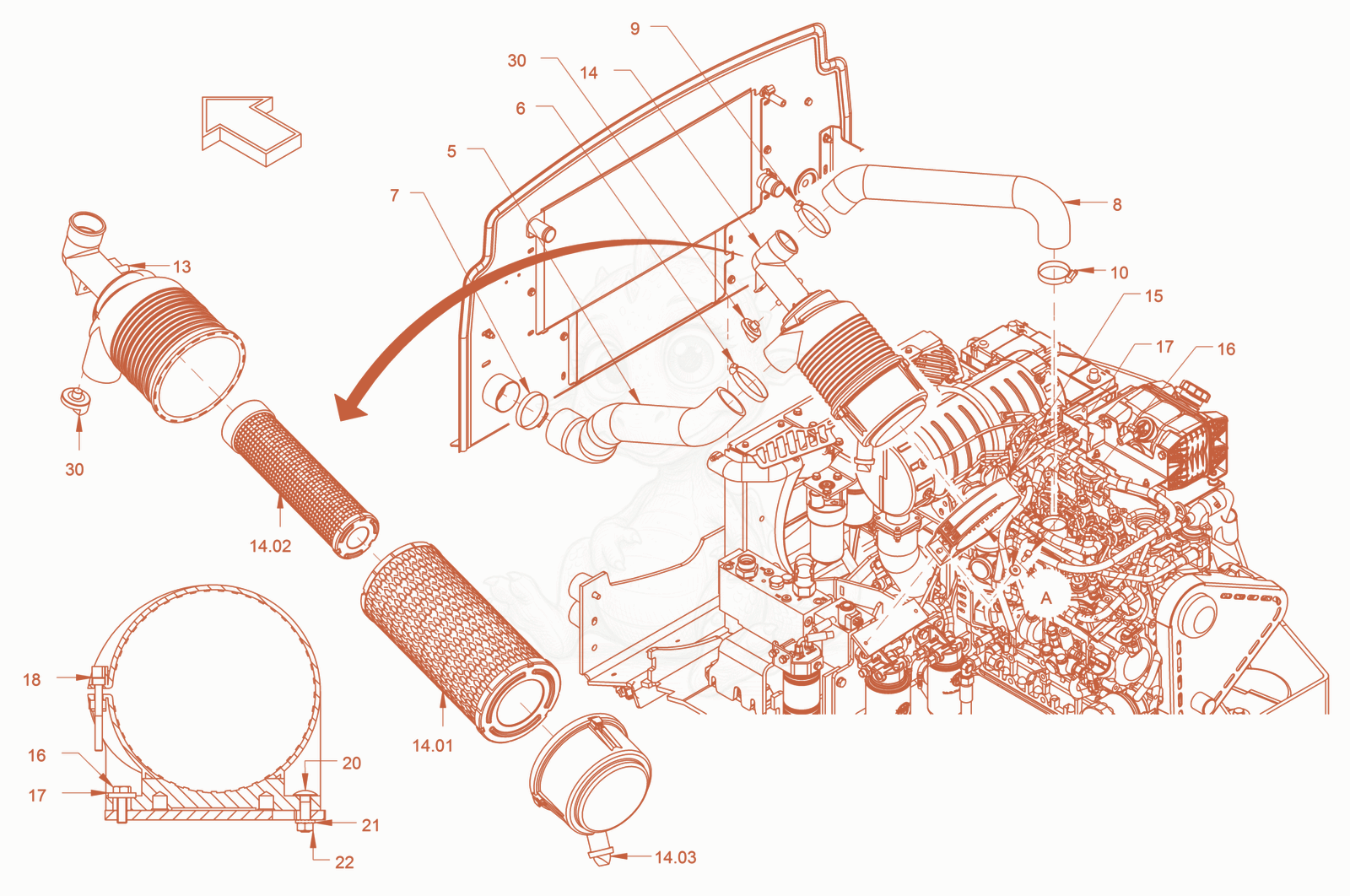 Exploded parts diagram of the air filter system of a Wacker Neuson RD45-140US, with numbered balloons